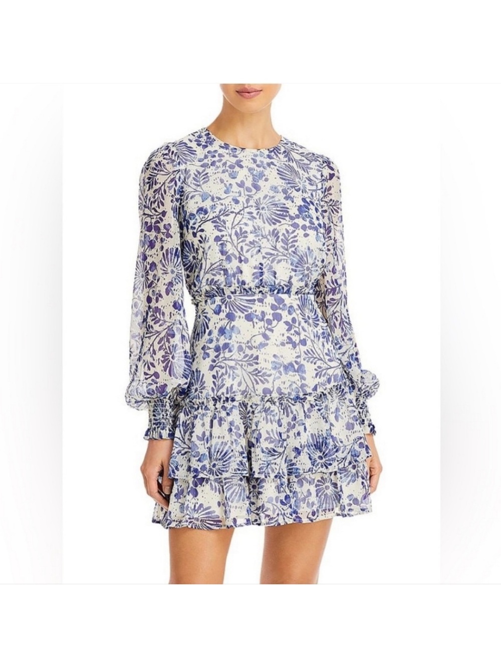 Aqua Blue and White Floral Long-Sleeve Ruffle Mini Dress